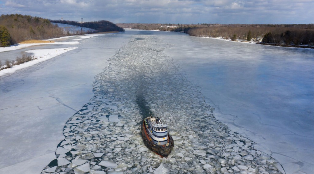NYS Marine Highway tug opening an ice channel on the Mohawk River