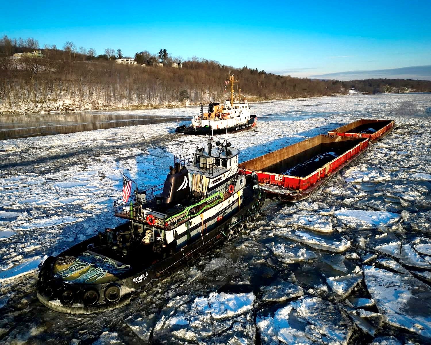 Nathan G in icy conditions with two-pack, USCG abeam