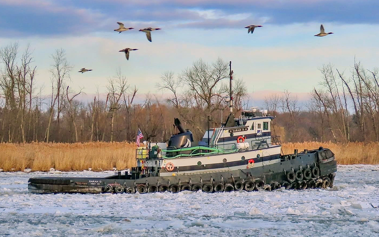 Sarah D — lightering in ice, NYS Marine Highway